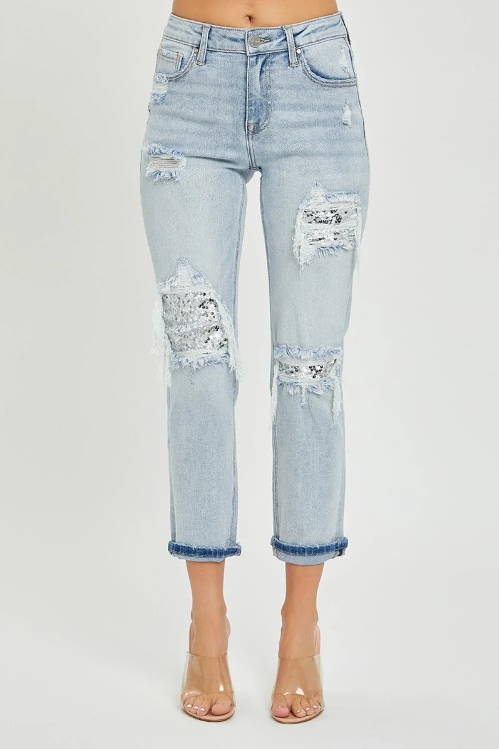 Women's RISEN Mid-Rise Sequin Patched Jeans