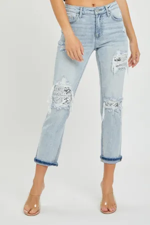 Women's RISEN Mid-Rise Sequin Patched Jeans