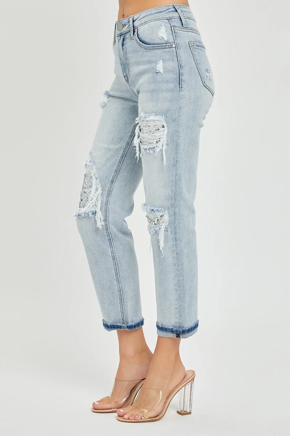 Women's RISEN Mid-Rise Sequin Patched Jeans