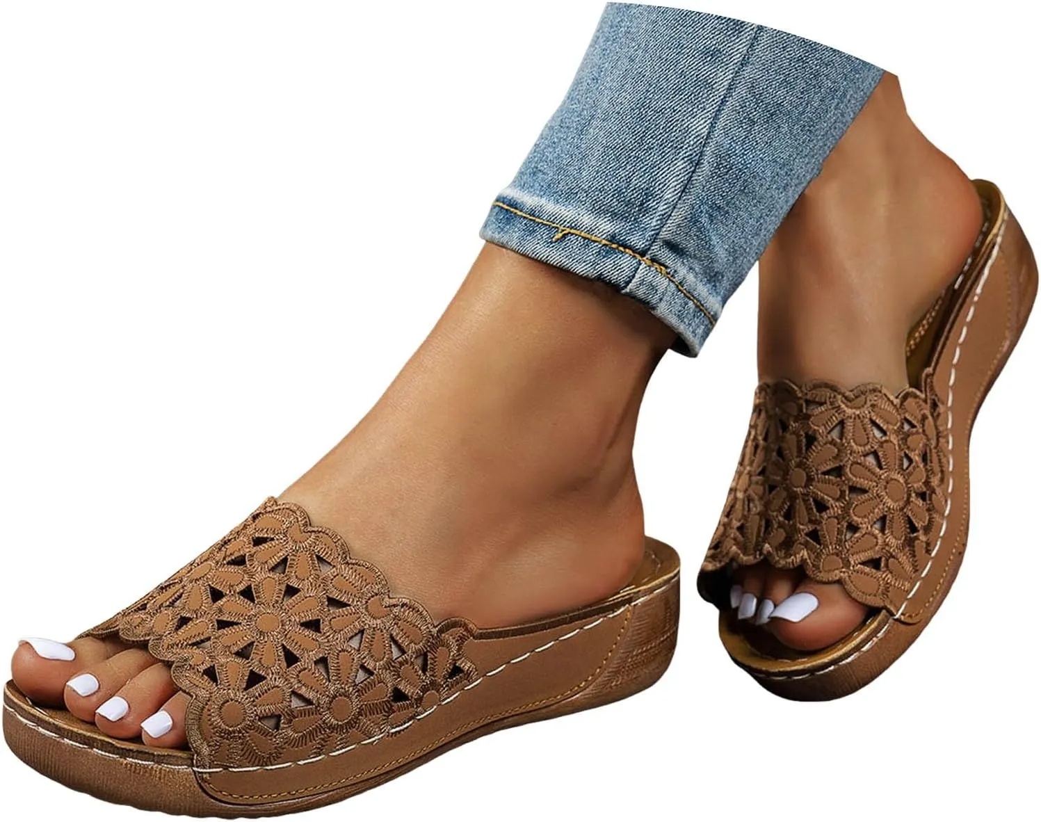 Womens Summer Beach Sandals Fish Mouth Open Toe Slip-on Comfortable Orthopedic Wedge Sandals with Arch Support Casual Fashion Vacation Walking Flower Hollow Platform Slides Slippers with Arch Support
