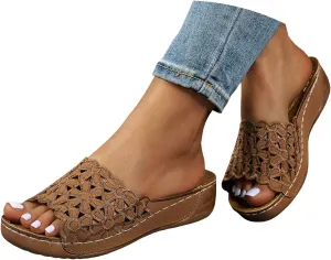 Womens Summer Beach Sandals Fish Mouth Open Toe Slip-on Comfortable Orthopedic Wedge Sandals with Arch Support Casual Fashion Vacation Walking Flower Hollow Platform Slides Slippers with Arch Support