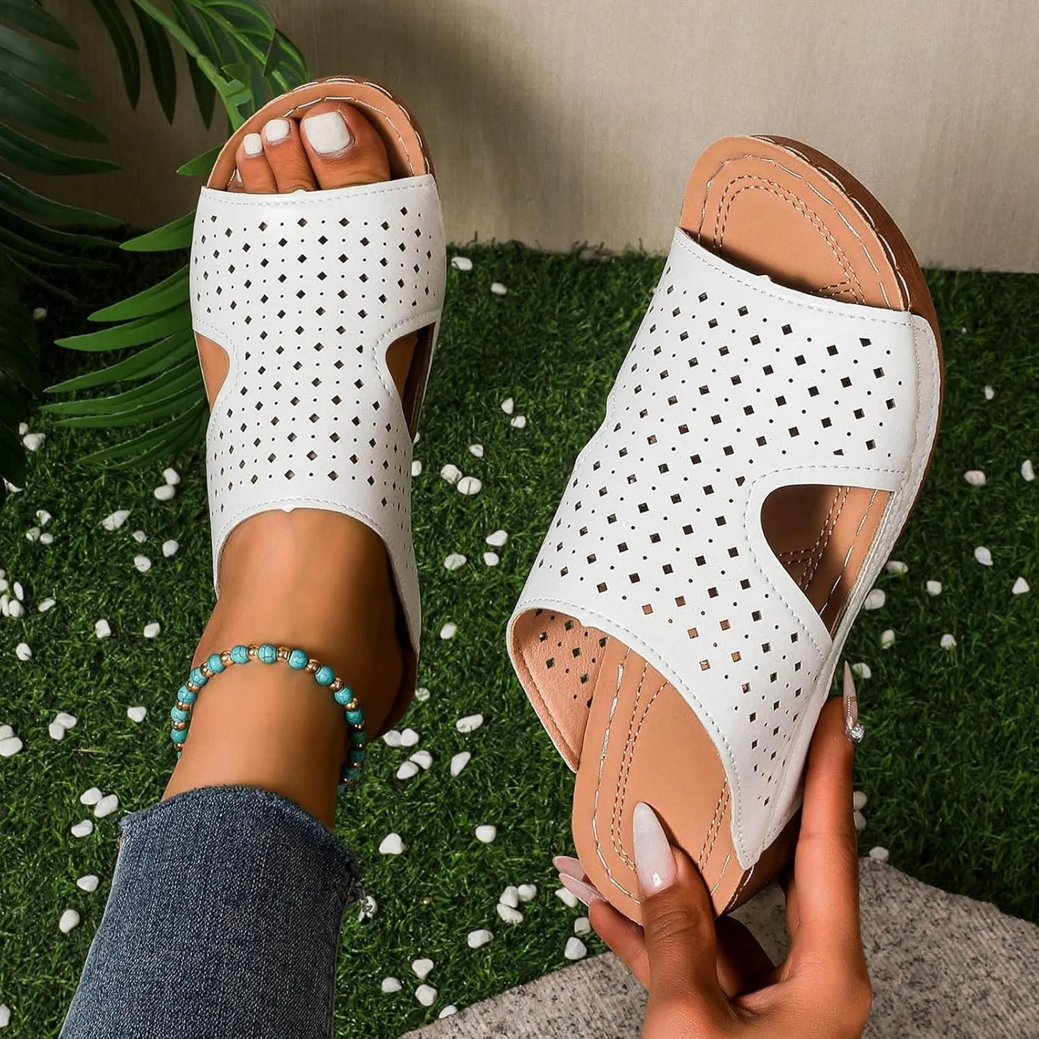 Women's Summer Casual Sandals 2025 Orthopedic Wedge Fish Mouth Walking Sandals for Women with Arch Support Low Heel Comfortable Breathable Wide Width Beach Walking Platform Wedges Shoes