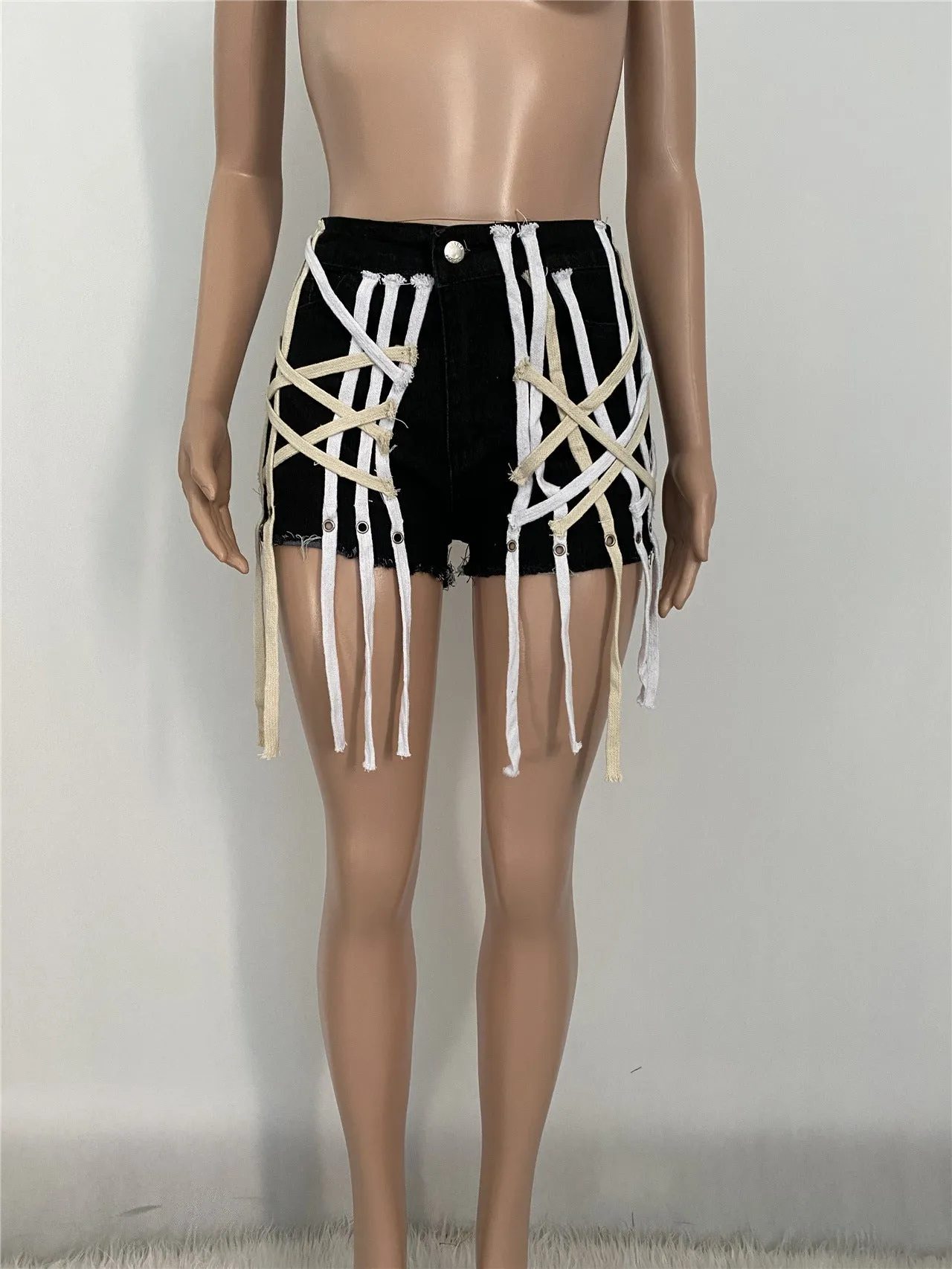 Womens's High Waist Short Jeans Eyelet Bandage Derocation Shorts