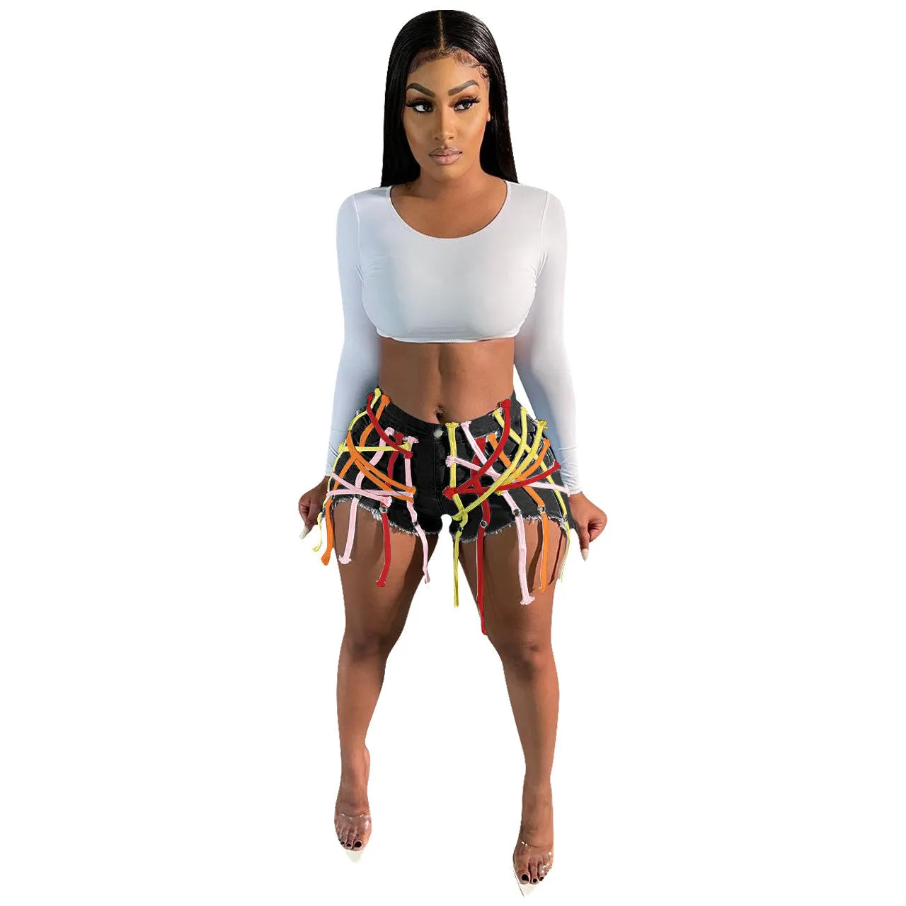 Womens's High Waist Short Jeans Eyelet Bandage Derocation Shorts