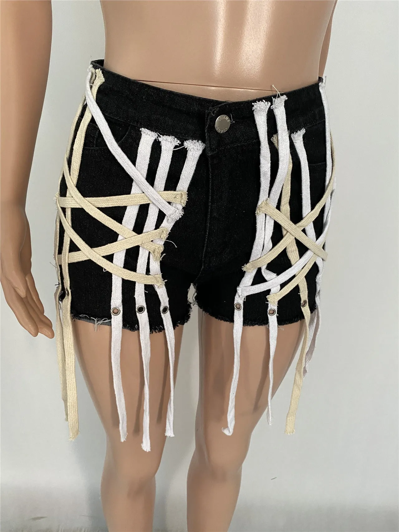 Womens's High Waist Short Jeans Eyelet Bandage Derocation Shorts