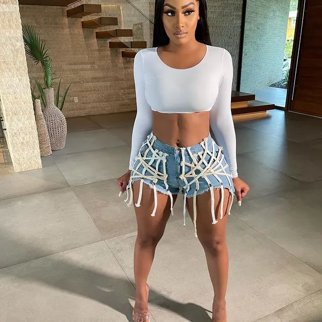 Womens's High Waist Short Jeans Eyelet Bandage Derocation Shorts