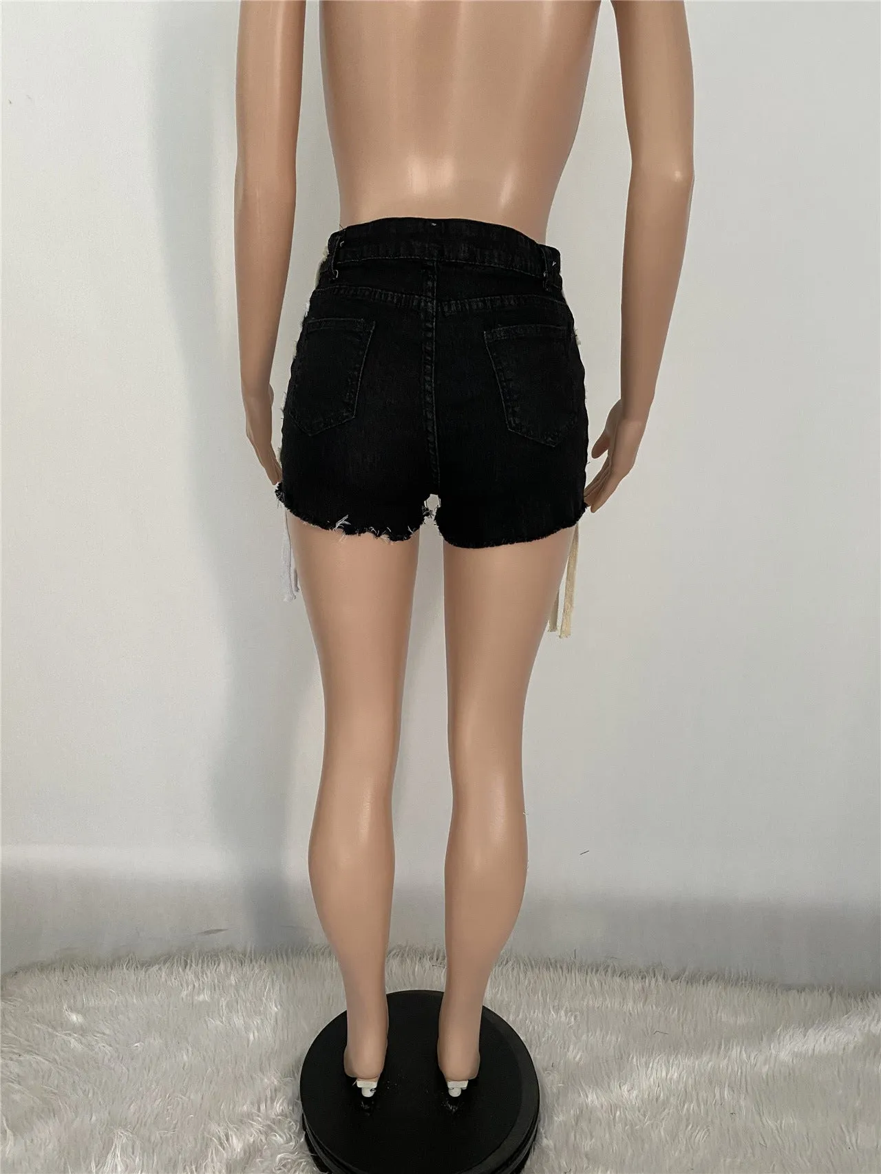 Womens's High Waist Short Jeans Eyelet Bandage Derocation Shorts