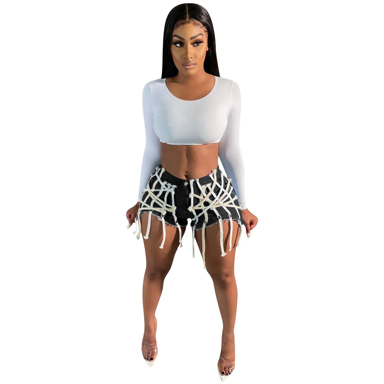 Womens's High Waist Short Jeans Eyelet Bandage Derocation Shorts