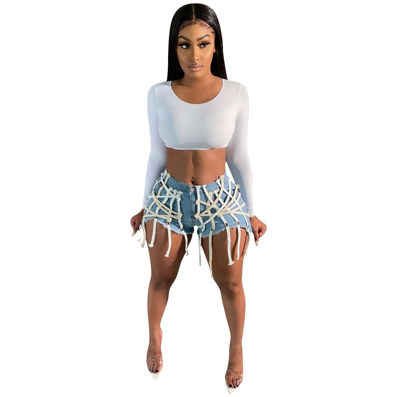 Womens's High Waist Short Jeans Eyelet Bandage Derocation Shorts