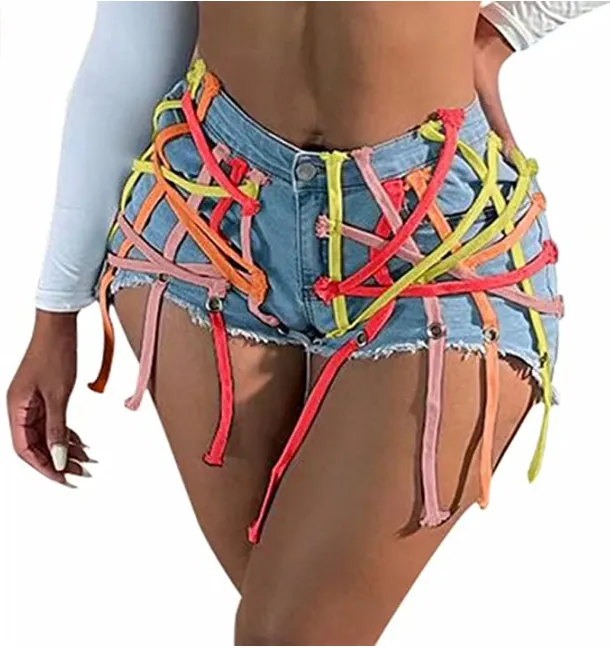 Womens's High Waist Short Jeans Eyelet Bandage Derocation Shorts