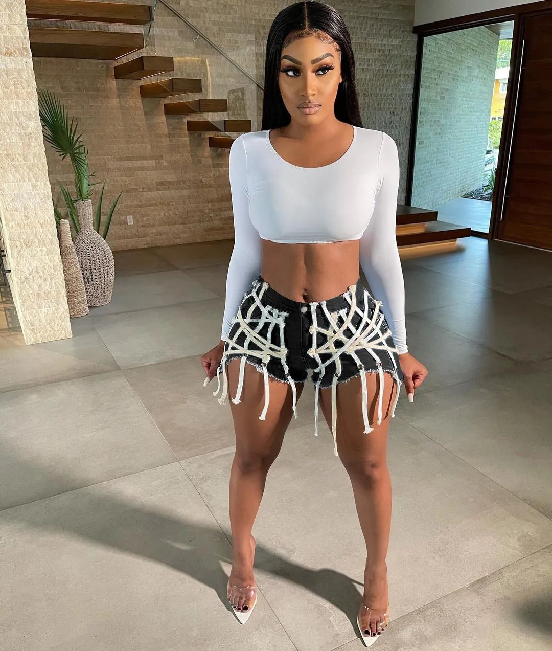 Womens's High Waist Short Jeans Eyelet Bandage Derocation Shorts