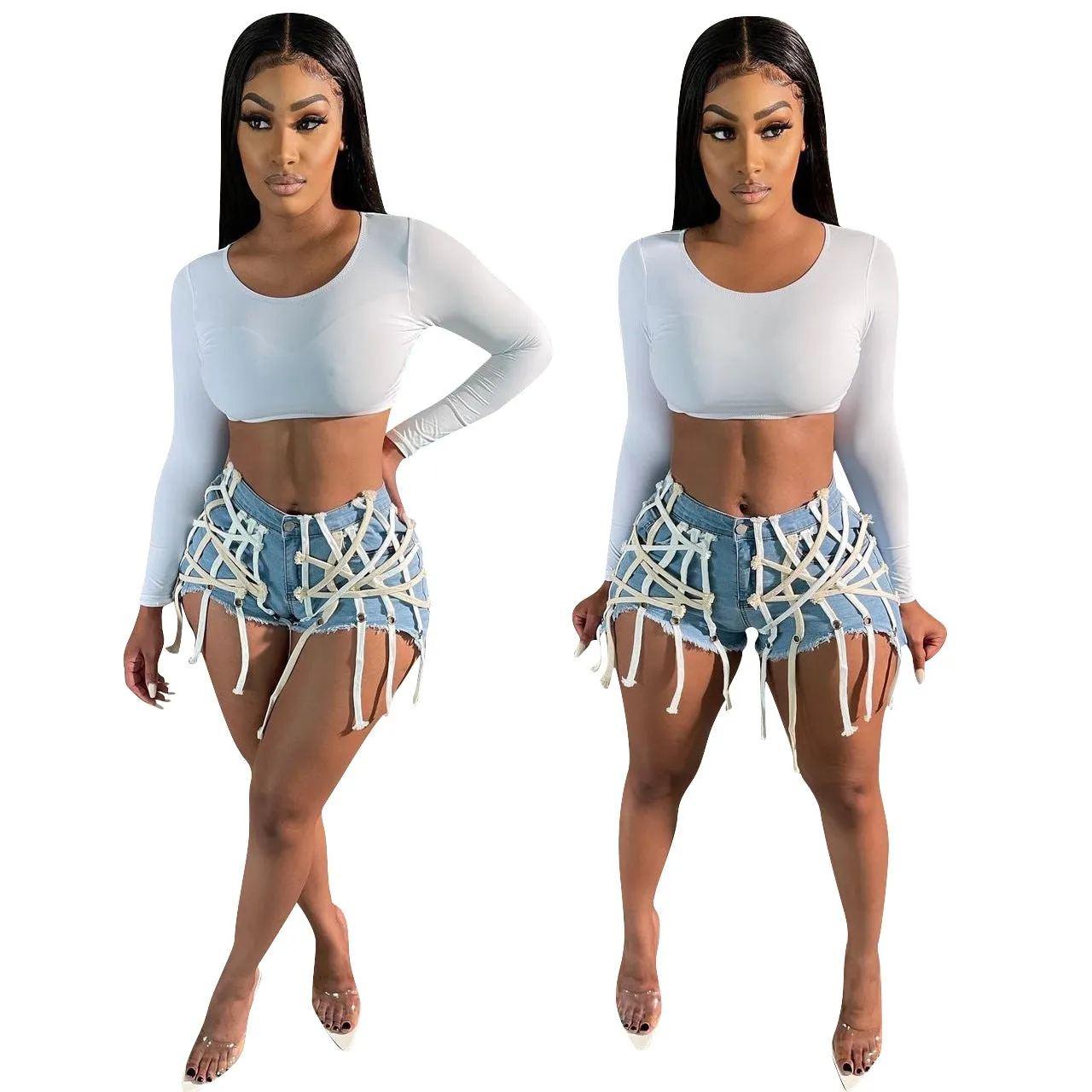 Womens's High Waist Short Jeans Eyelet Bandage Derocation Shorts
