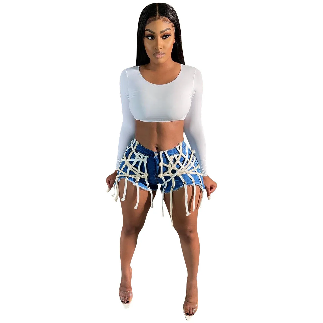 Womens's High Waist Short Jeans Eyelet Bandage Derocation Shorts