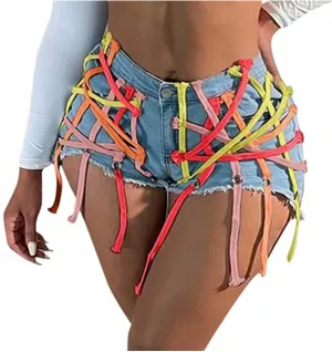 Womens's High Waist Short Jeans Eyelet Bandage Derocation Shorts
