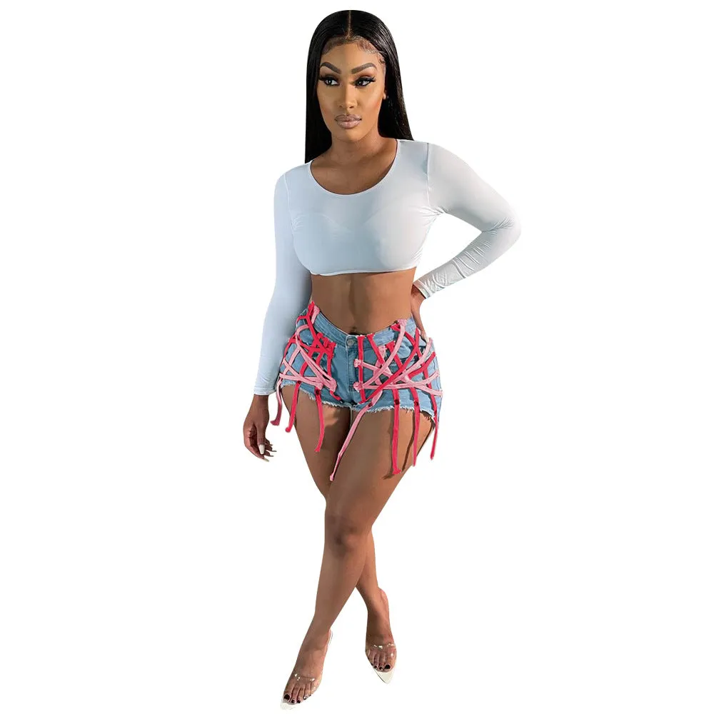 Womens's High Waist Short Jeans Eyelet Bandage Derocation Shorts