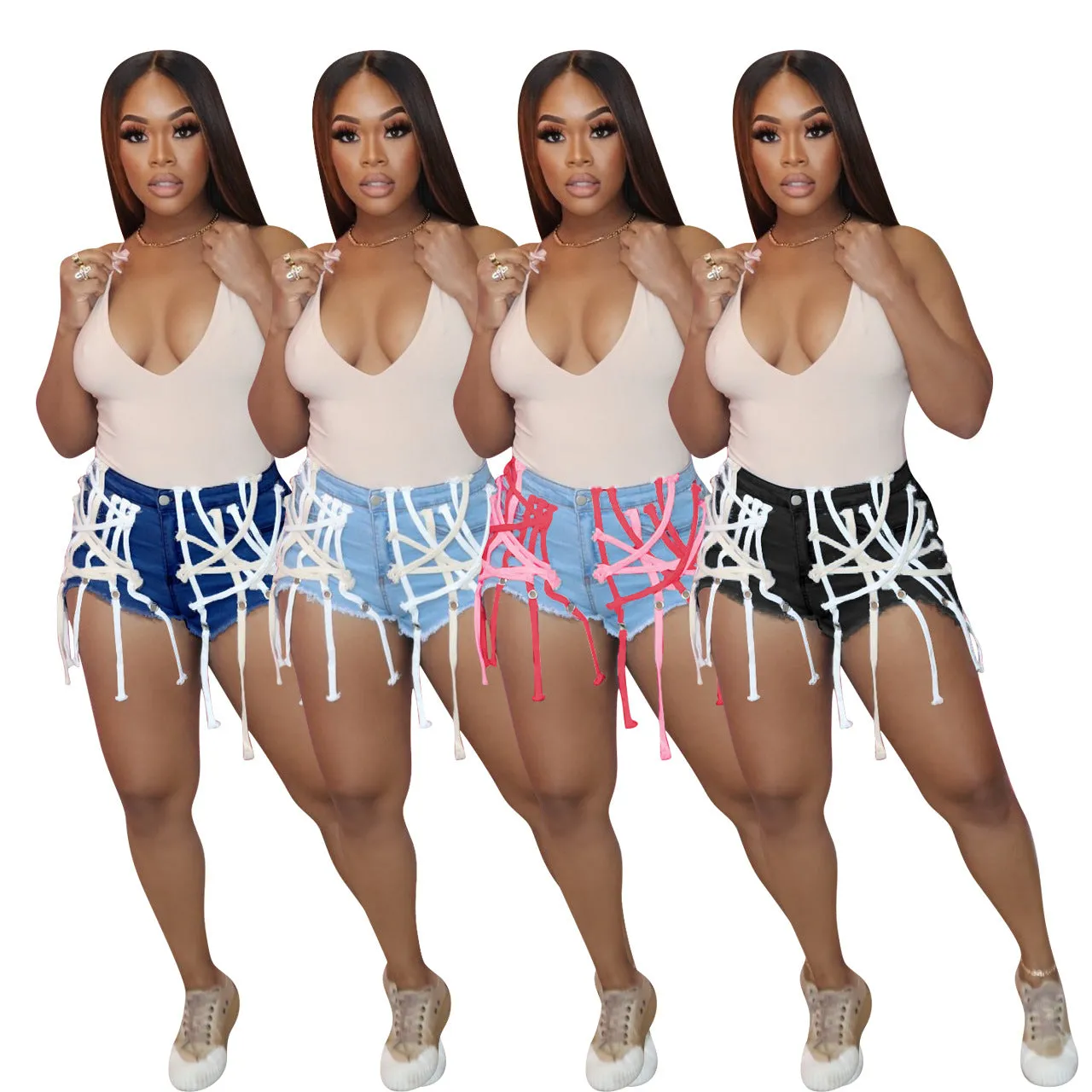 Womens's High Waist Short Jeans Eyelet Bandage Derocation Shorts