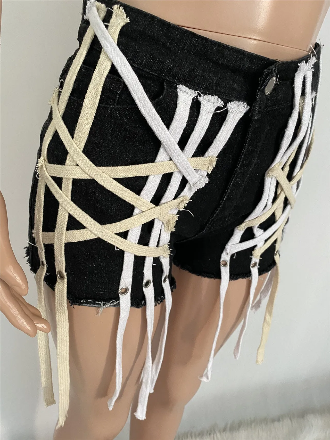 Womens's High Waist Short Jeans Eyelet Bandage Derocation Shorts
