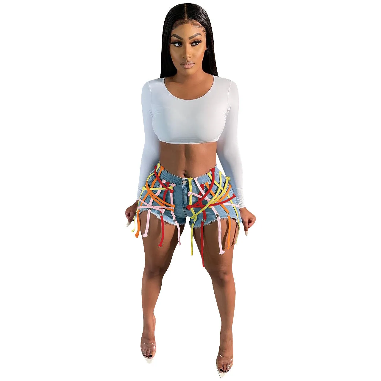 Womens's High Waist Short Jeans Eyelet Bandage Derocation Shorts