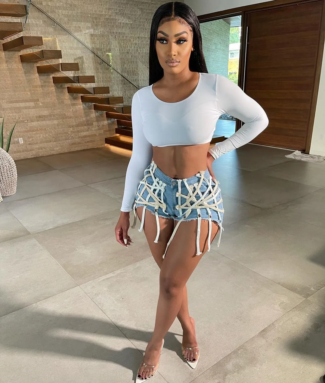 Womens's High Waist Short Jeans Eyelet Bandage Derocation Shorts