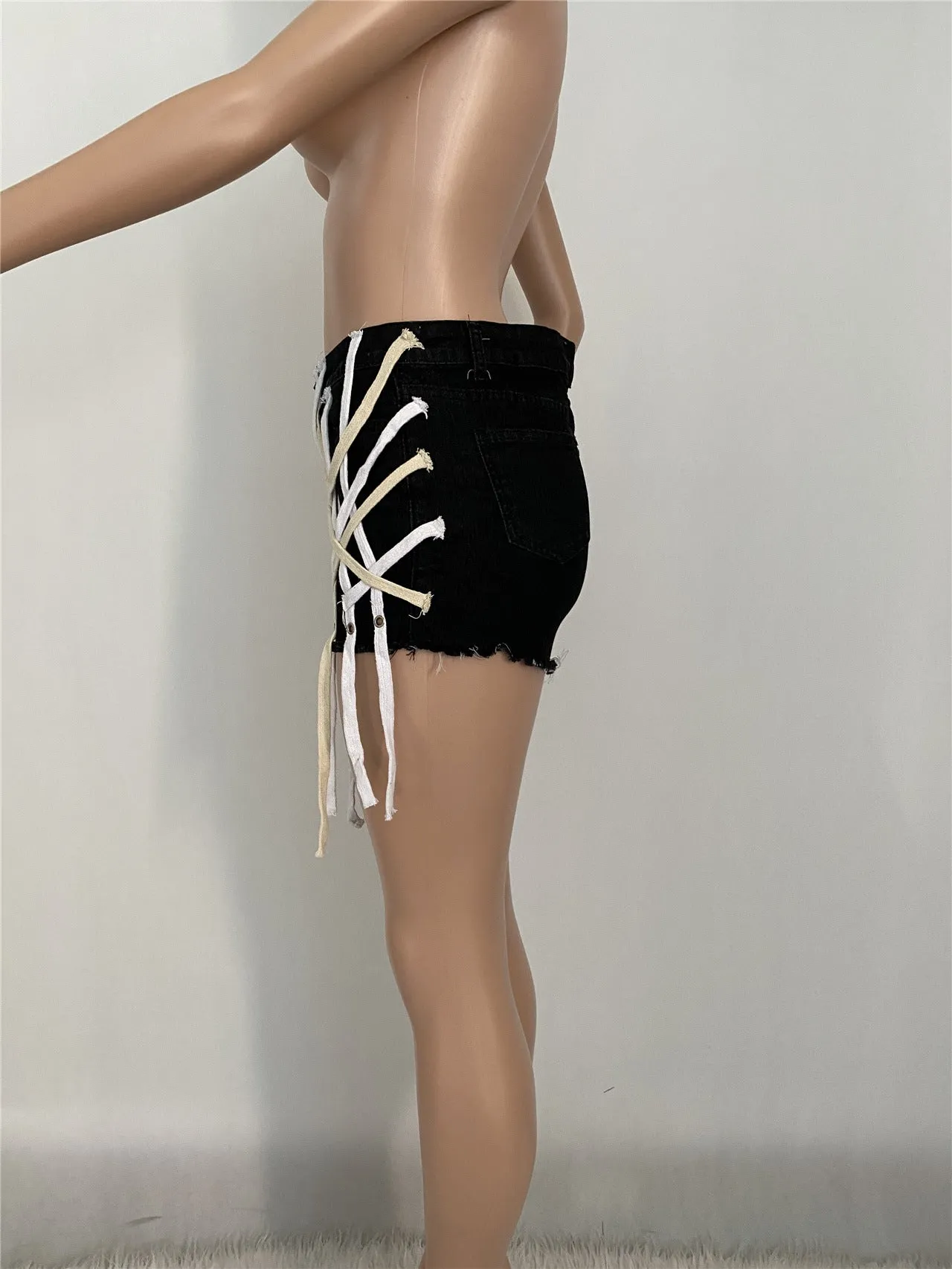 Womens's High Waist Short Jeans Eyelet Bandage Derocation Shorts