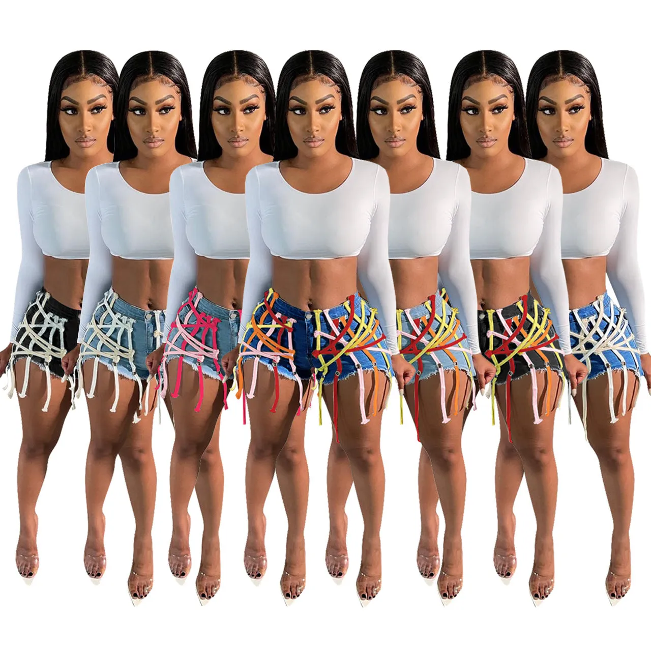 Womens's High Waist Short Jeans Eyelet Bandage Derocation Shorts