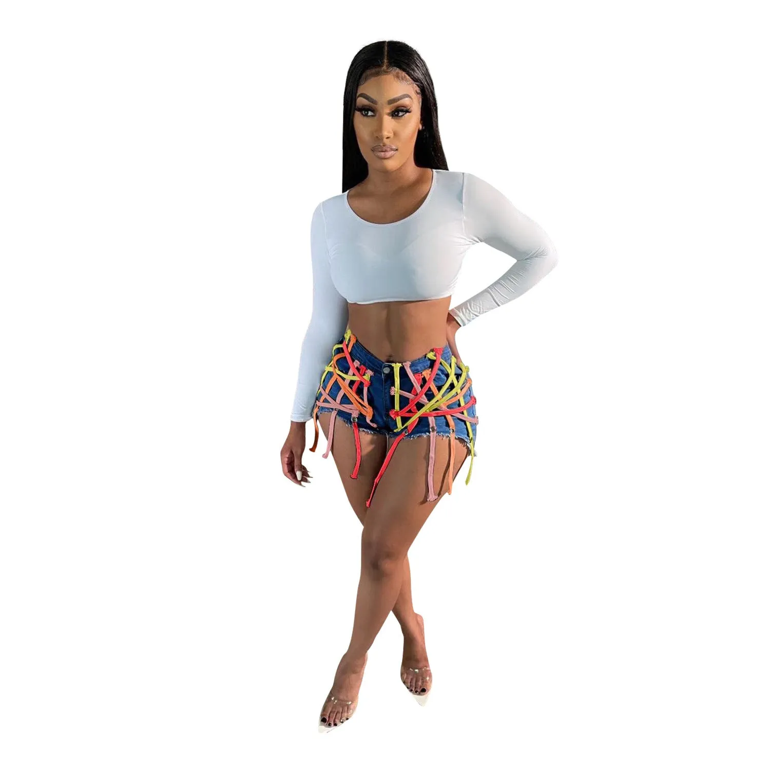 Womens's High Waist Short Jeans Eyelet Bandage Derocation Shorts