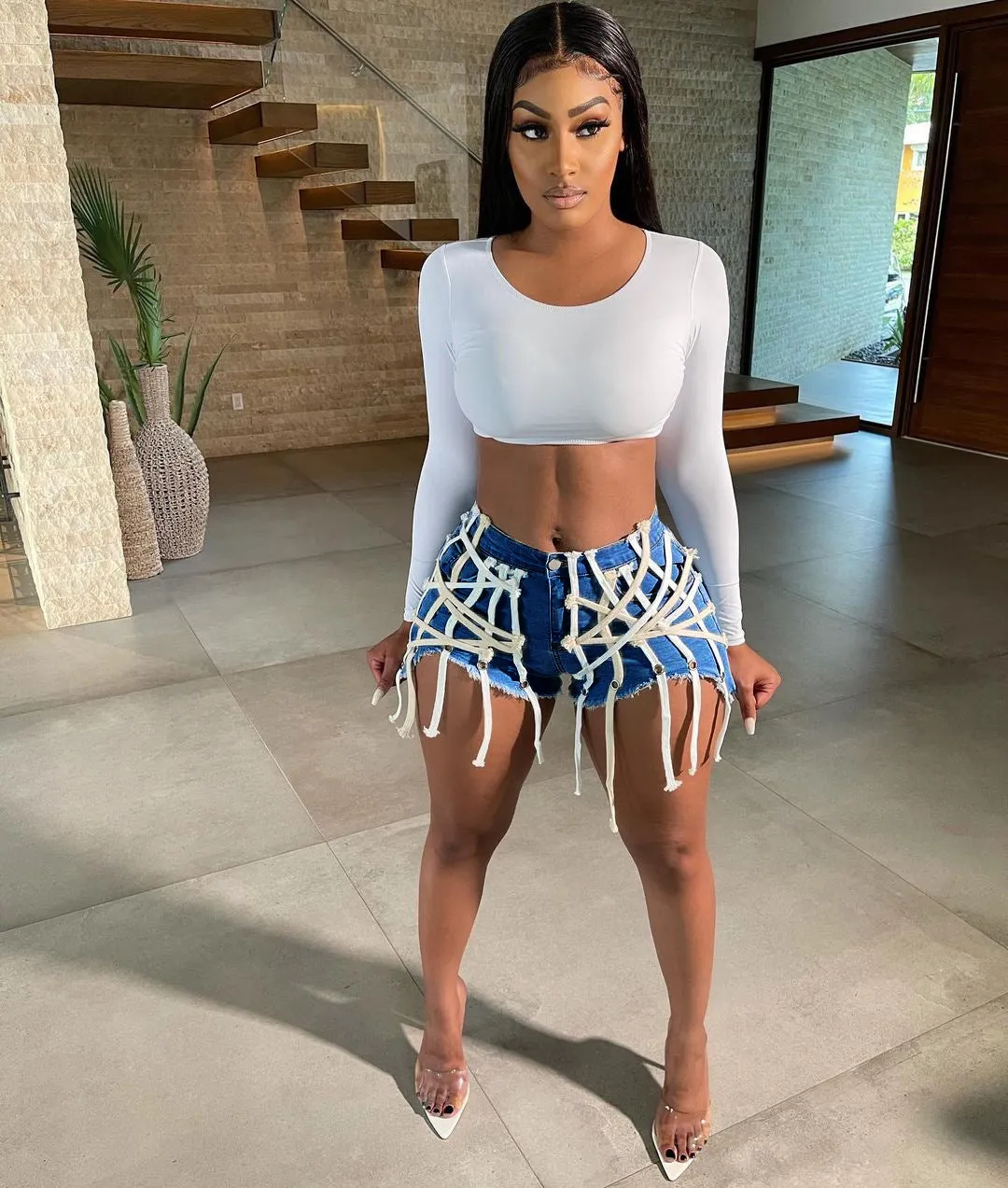 Womens's High Waist Short Jeans Eyelet Bandage Derocation Shorts