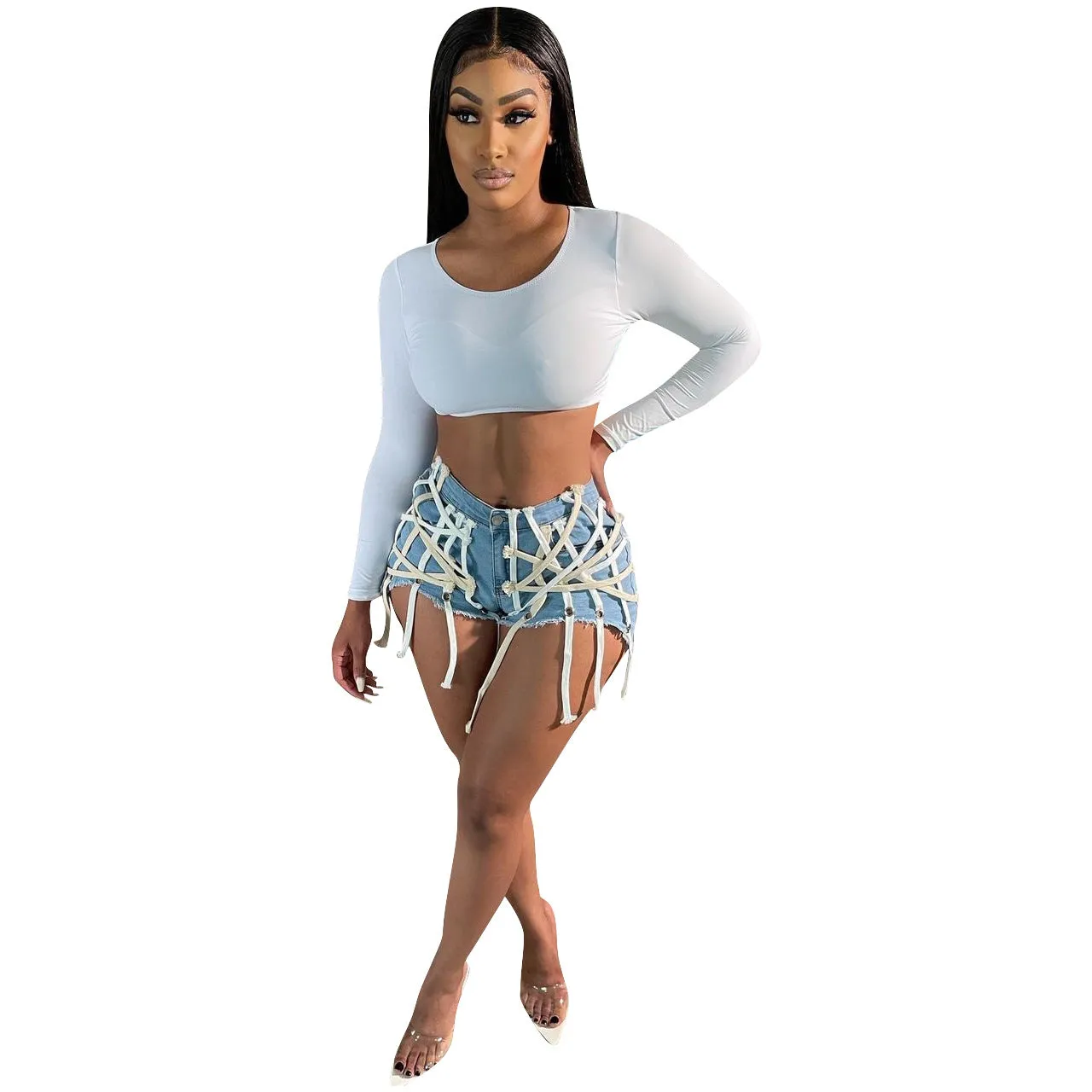 Womens's High Waist Short Jeans Eyelet Bandage Derocation Shorts