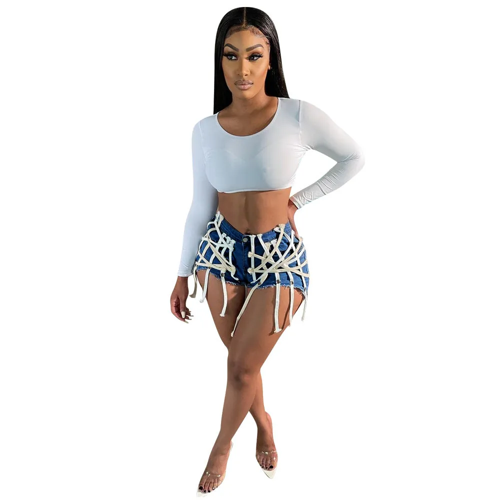 Womens's High Waist Short Jeans Eyelet Bandage Derocation Shorts